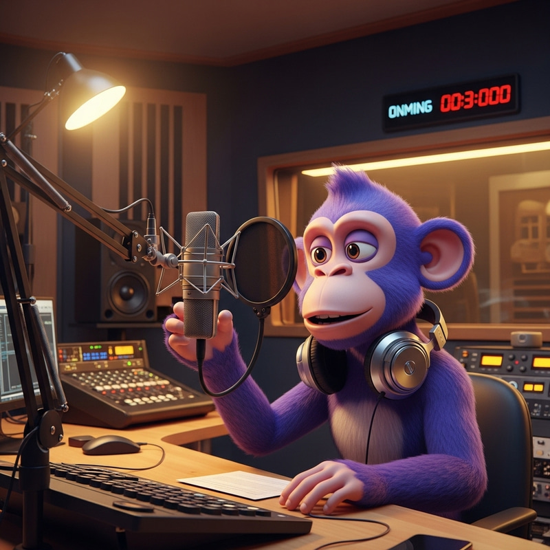 Engaging Purple Monkey Podcaster in Modern Recording Studio Engaging Purple Monkey Podcaster in Modern Recording Studio