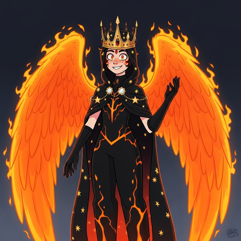 Towering Fiery Character in Hazbin Hotel Style - Ars Goetia Crown & Fiery Wings Redesign Towering Fiery Character in Hazbin Hotel Style - Ars Goetia Crown & Fiery Wings Redesign