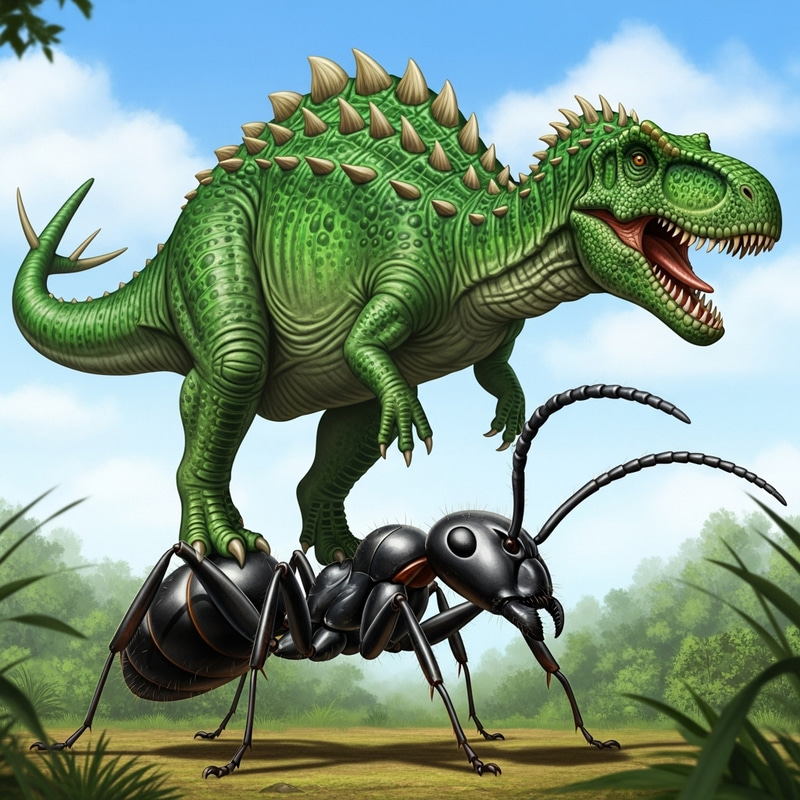 Intriguing Scene: Dinosaur Balancing on Oversized Ant Intriguing Scene: Dinosaur Balancing on Oversized Ant