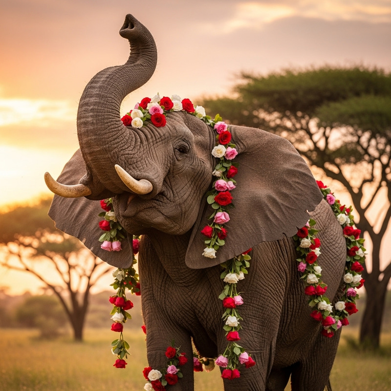 Elephant with Opened Ears and Trunk Holding Roses