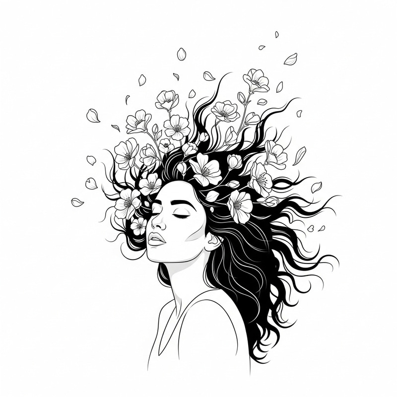 Modern Black and White Wall Art: Beautiful Woman with Flowing Hair and Flowers
