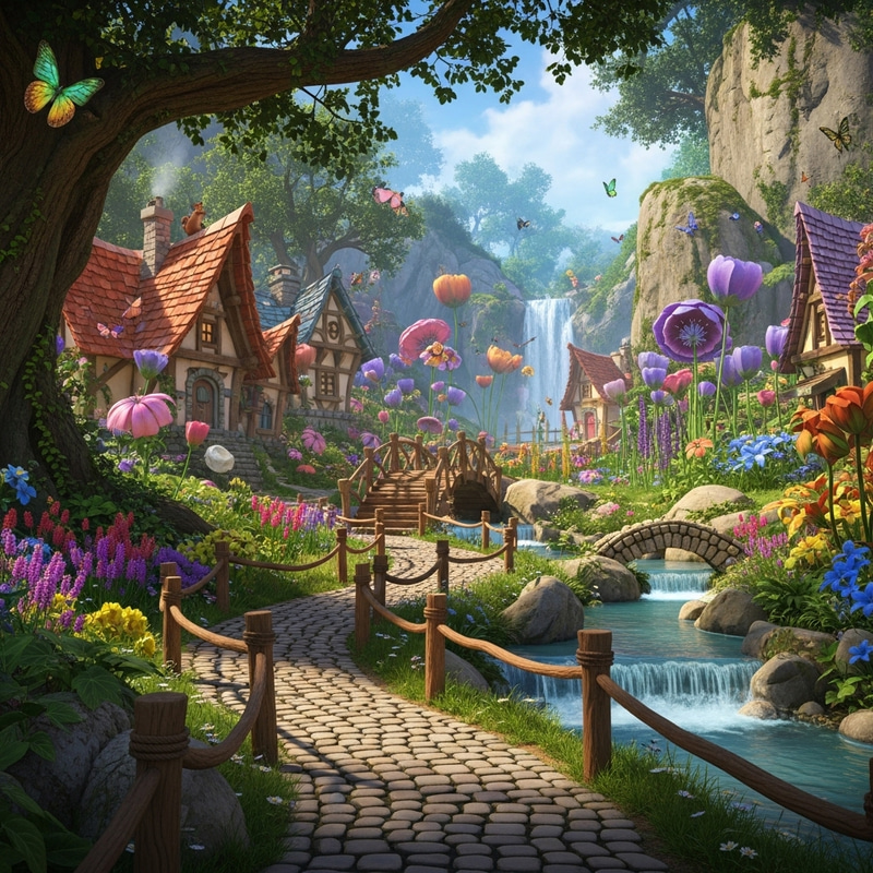 Enchanted Jungle Path with Quaint Cottages in Disneyesque Setting Enchanted Jungle Path with Quaint Cottages in Disneyesque Setting