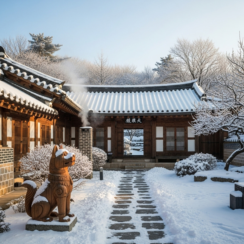 Winter Hanok House with Snow-Covered Trees and a Puppy Winter Hanok House with Snow-Covered Trees and a Puppy