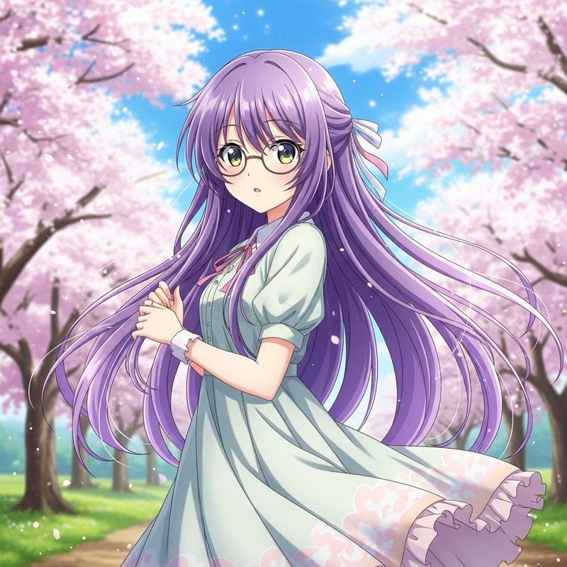Serenity in Purple: Anime Girl with Sparkling Eyes | Cherry Blossom Scene Serenity in Purple: Anime Girl with Sparkling Eyes | Cherry Blossom Scene