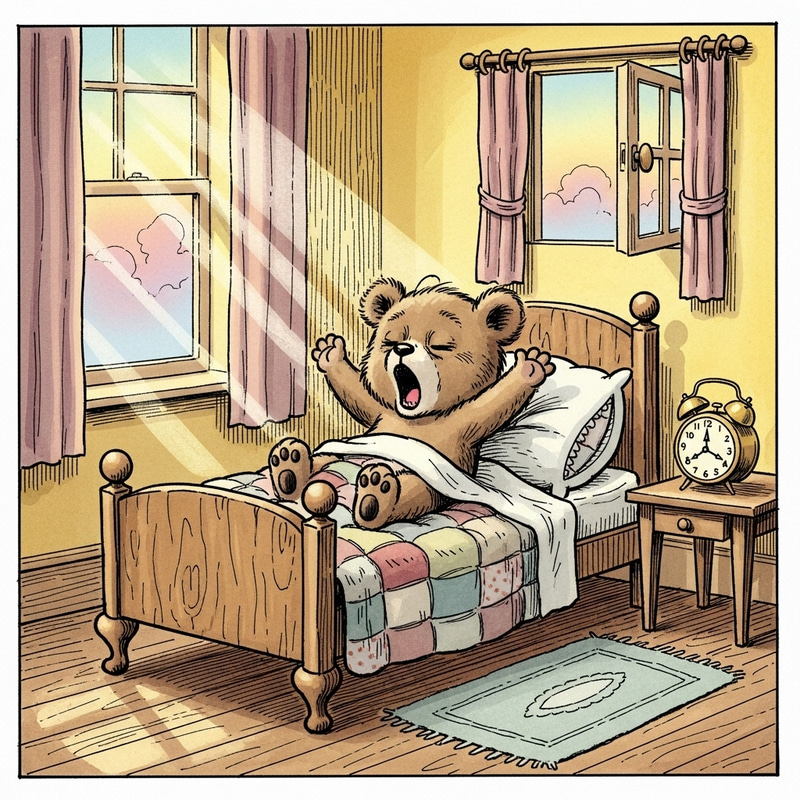 Whimsical Baby Bear Waking Up in Tiny Bed Whimsical Baby Bear Waking Up in Tiny Bed