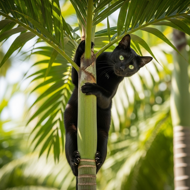 Adorable Cat Climbing Areca Palm Tree