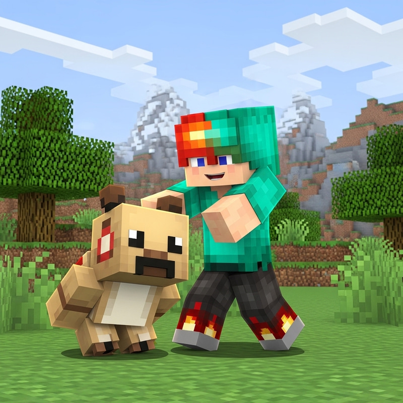 Minecraft-Style Character Tussling with Unique Block Creature