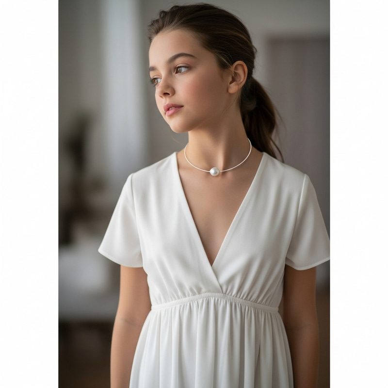 Elegant Girl in White Mini Dress with Pearl Necklace Elegant Girl in White Mini Dress with Pearl Necklace