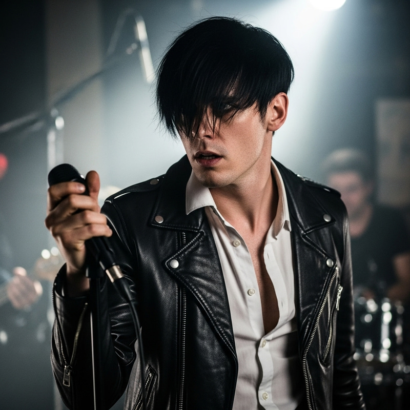 Gerard Way: Rock 'n' Roll Musician in Black Jacket - Singer with Microphone Gerard Way: Rock 'n' Roll Musician in Black Jacket - Singer with Microphone