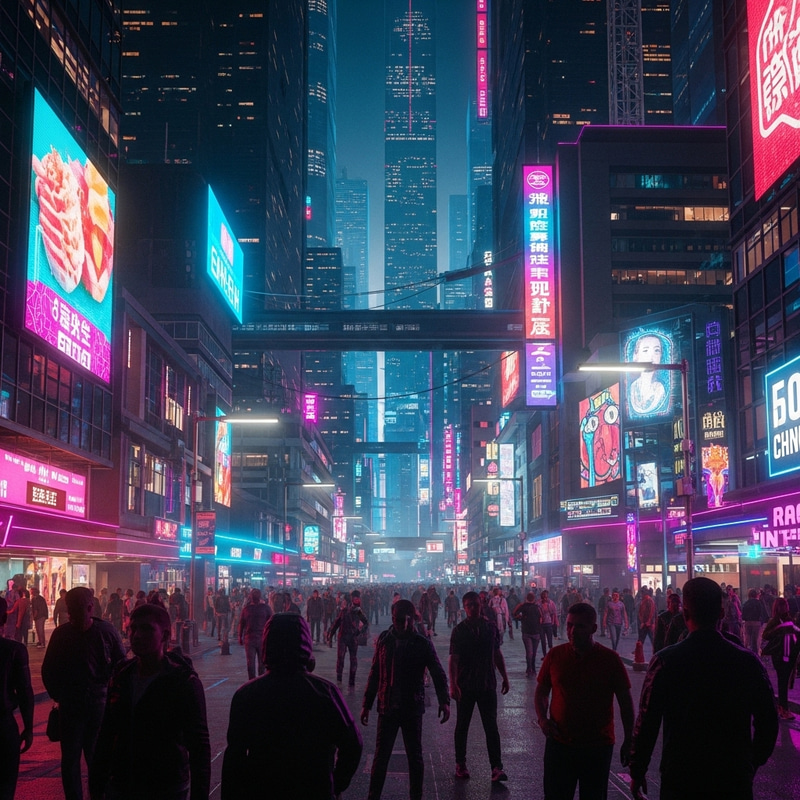 Futuristic Cyberpunk Cityscape with Vibrant Neon Colors and Bustling Crowds