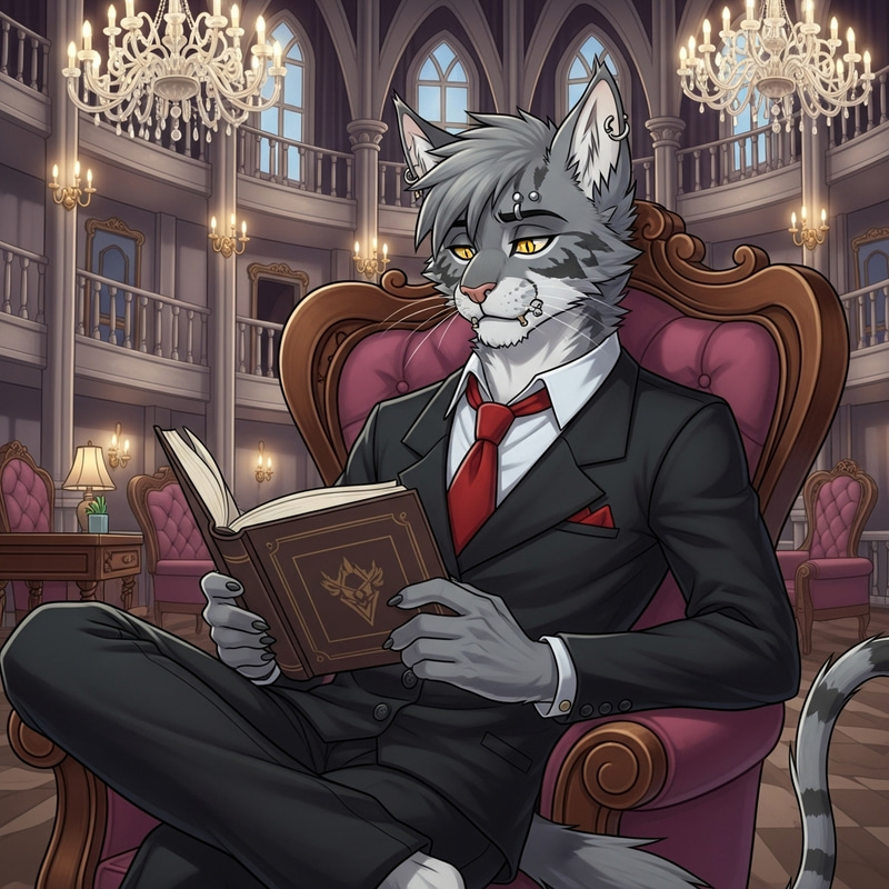 Red Anthropomorphic Feline Reading Book in Gothic Victorian Hotel Red Anthropomorphic Feline Reading Book in Gothic Victorian Hotel