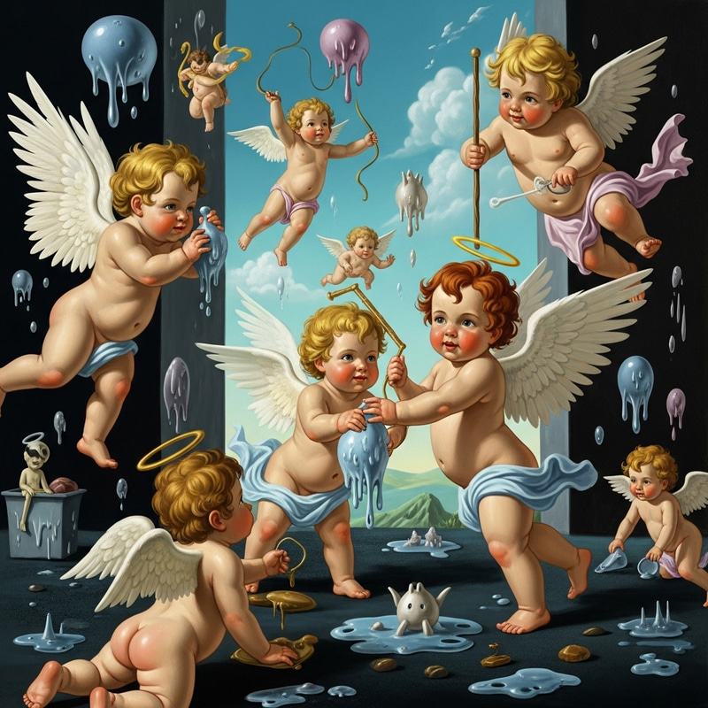 Playful Cupids with Surreal Melting Elements and Vibrant Colors
