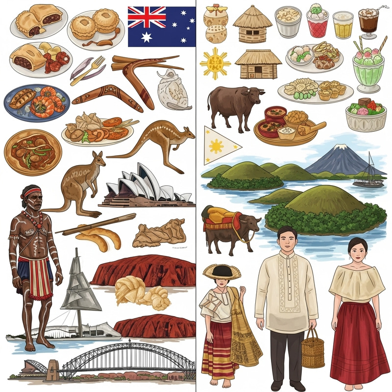 Australian and Filipino Cultures Collage: Foods, Landmarks & Attire Australian and Filipino Cultures Collage: Foods, Landmarks & Attire
