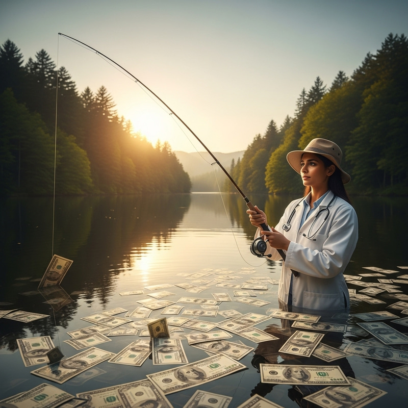South Asian Female Doctor Fishing in Lake of Dollar Bills at Sunset South Asian Female Doctor Fishing in Lake of Dollar Bills at Sunset
