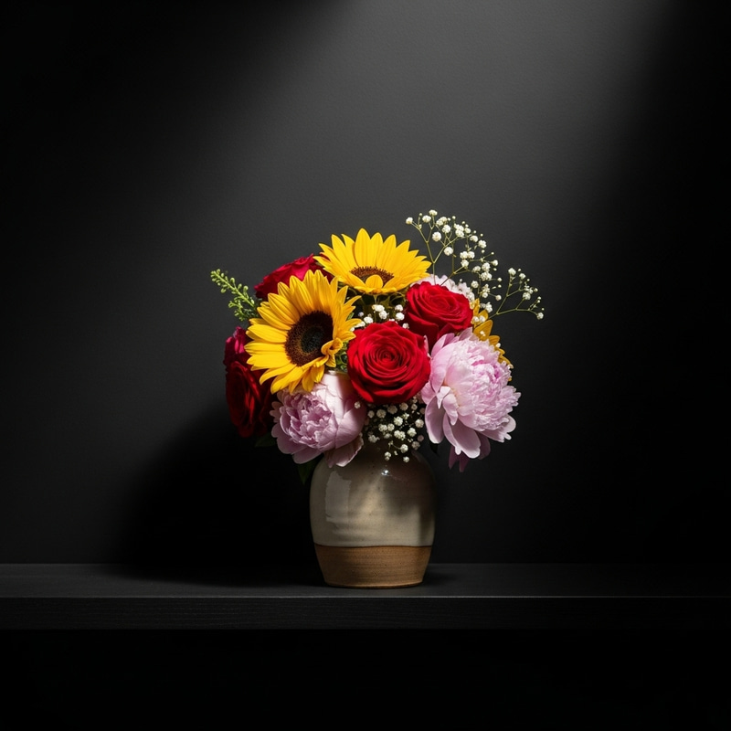 Bright Flowers in a Small Vase Against Dark Background Bright Flowers in a Small Vase Against Dark Background