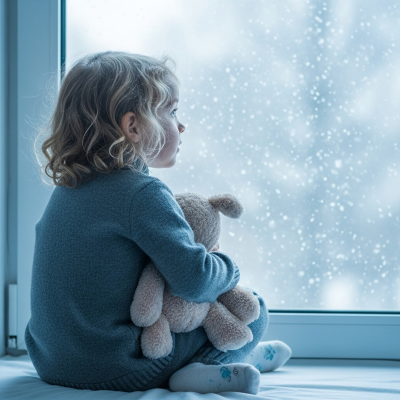 Cute Girl Admiring Snow with Plush Toy by Window Cute Girl Admiring Snow with Plush Toy by Window