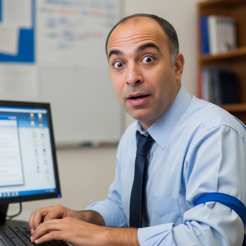 Comical Computer-savvy Teacher with a Witty Expression