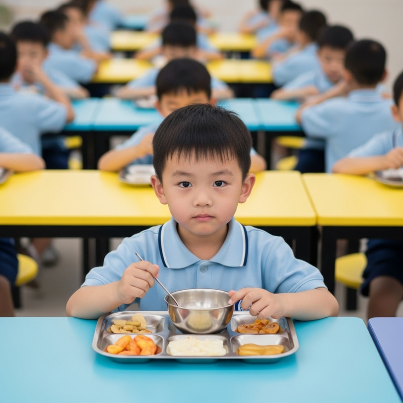 Japanese Boy Alone in Vibrant Cafeteria | Solitary Serenity