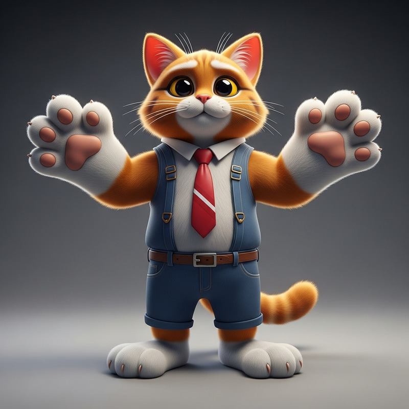 3D Cartoon Cat with Oversized Paws