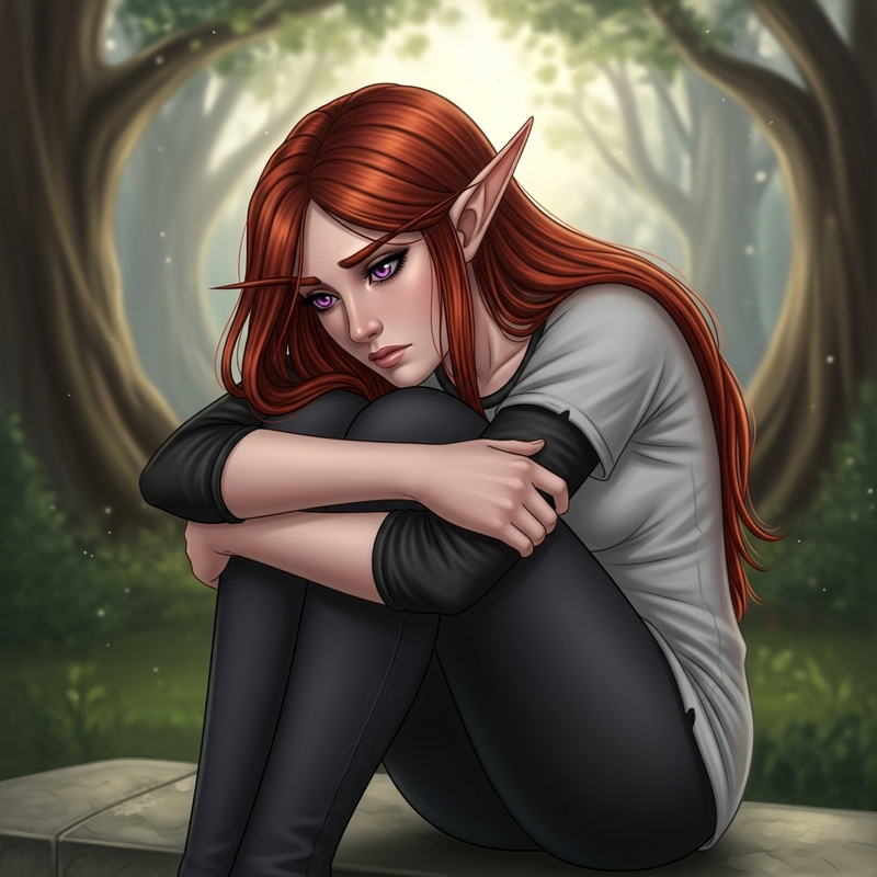 Sad Elf Girl with Red Hair and Purple Eyes Sitting Down Sad Elf Girl with Red Hair and Purple Eyes Sitting Down