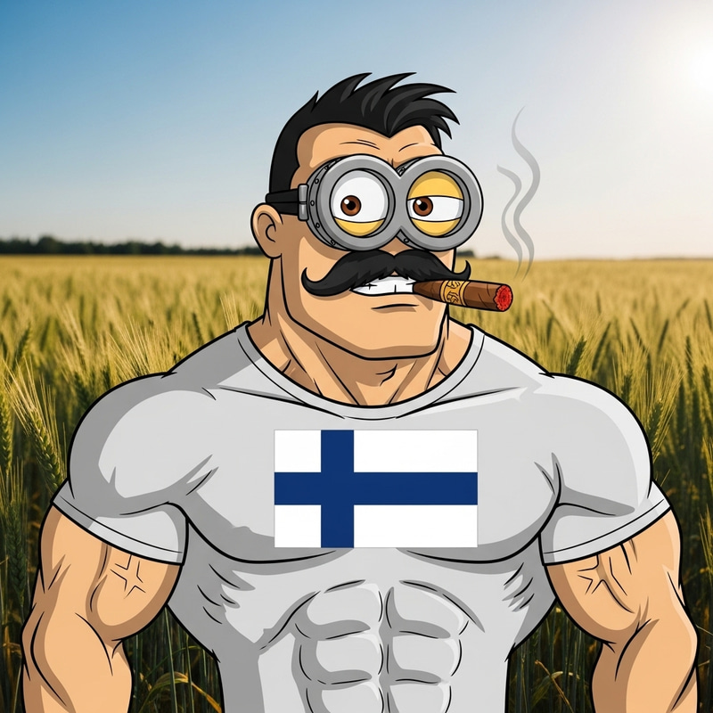 Pumped-Up Minion with Cigar and Mustache in Finnish Flag Tee in Wheat Field Pumped-Up Minion with Cigar and Mustache in Finnish Flag Tee in Wheat Field