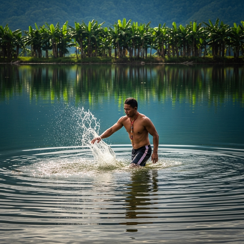 Native Filipino Swimming in Serene Lake