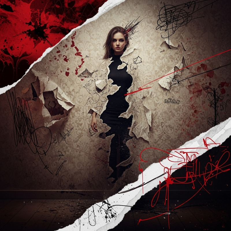 Detailed Illustration of Woman Blending into Grungy, Gritty Wall with Red and Black Ink Flow