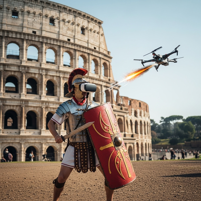 Roman VR Warrior at Colosseum with Shield, Sword, and FPV Drone Attack