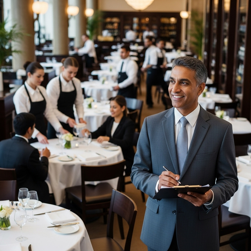 Food Service Manager Directing Multicultural Team in Fine Dining Setting