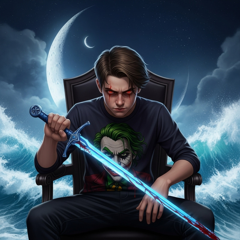 Teenage Boy with Blue Sword and Crescent Moon Scene Teenage Boy with Blue Sword and Crescent Moon Scene