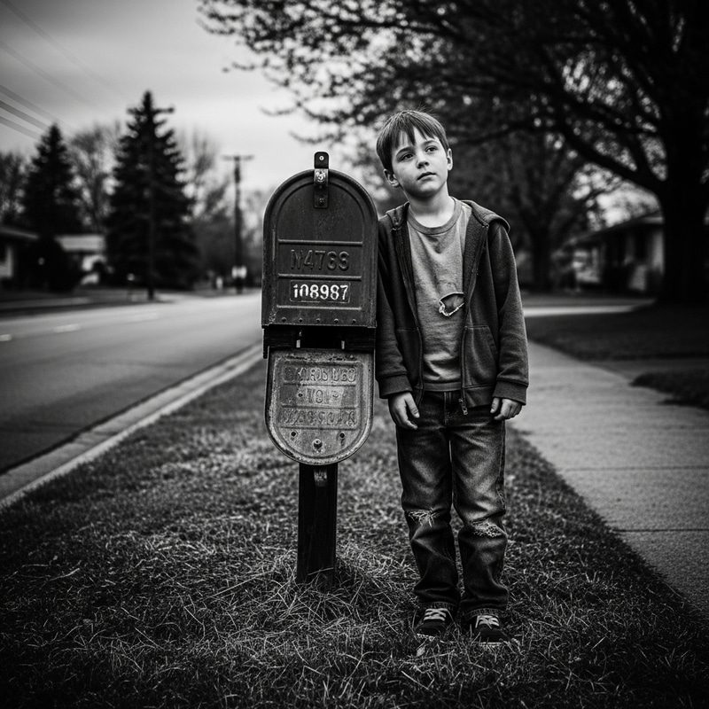 Moody Urban Scene: Boy by Weathered Mailbox in Vintage Black and White