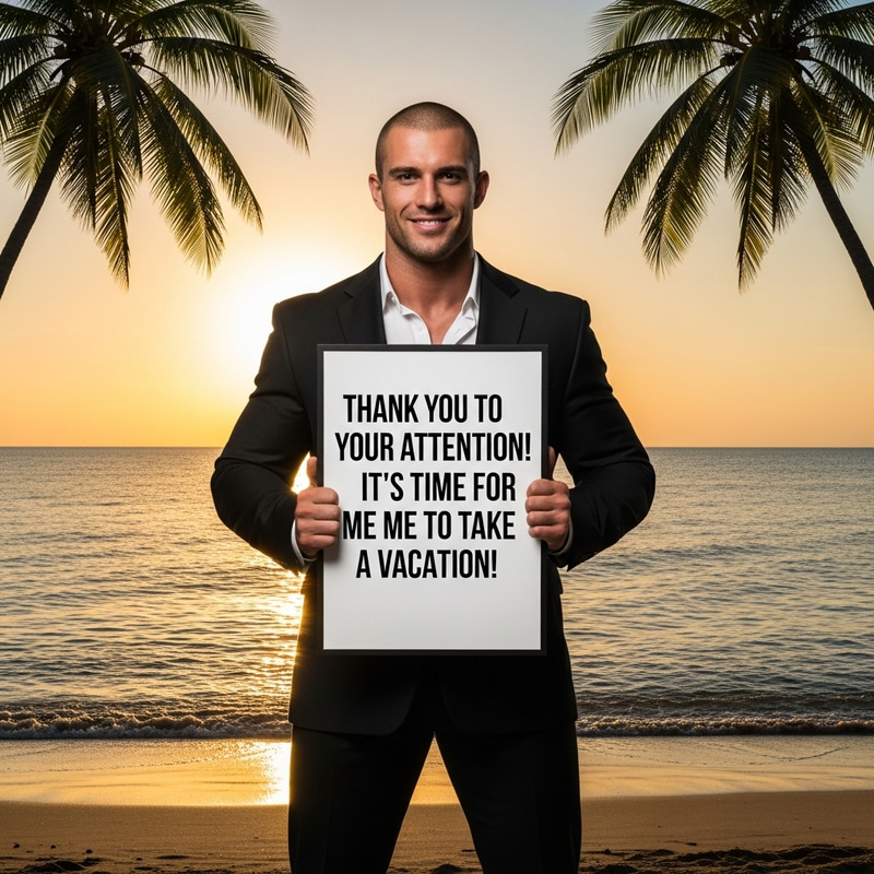 Muscular Man in Sharp Black Suit against Sun, Sea, Palm Trees Holding Vacation Sign Muscular Man in Sharp Black Suit against Sun, Sea, Palm Trees Holding Vacation Sign