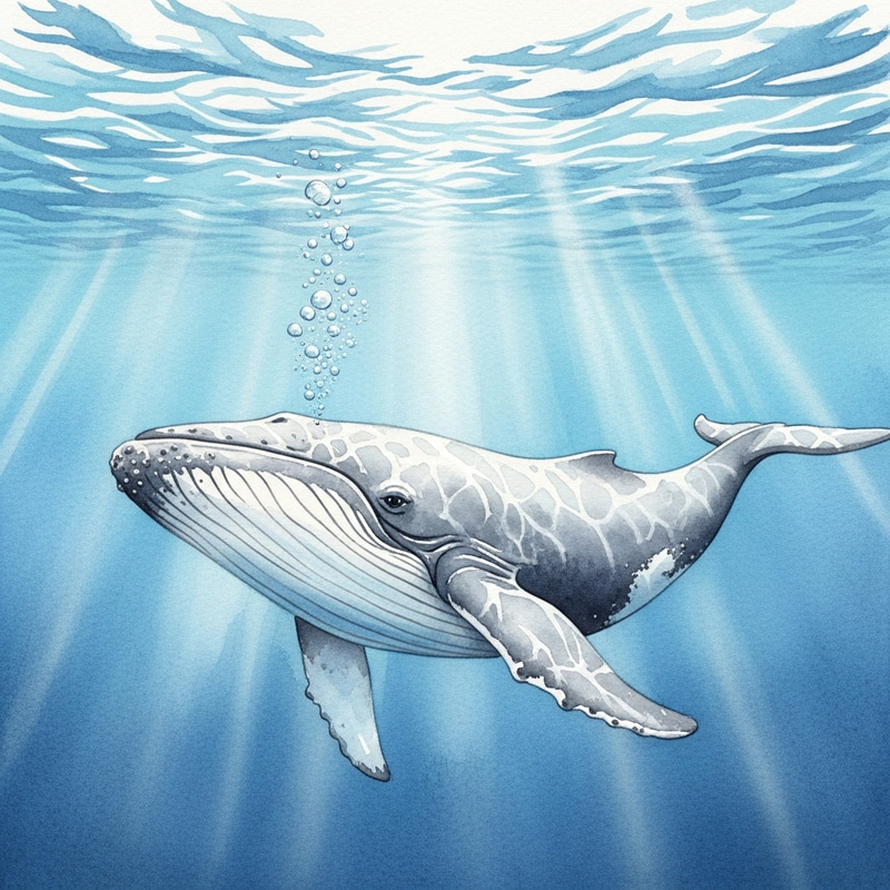 Whale Watercolor Painting - Majestic Ocean Swim Whale Watercolor Painting - Majestic Ocean Swim