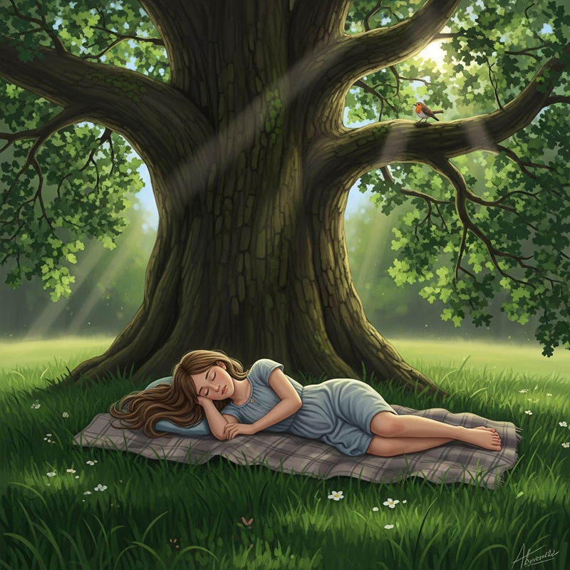 Tranquil Scene of a Beautiful Girl Sleeping Under a Majestic Oak Tree Tranquil Scene of a Beautiful Girl Sleeping Under a Majestic Oak Tree
