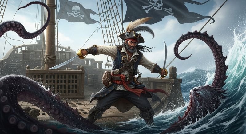 Swashbuckling Pirate Battles Kraken in Open Seas Swashbuckling Pirate Battles Kraken in Open Seas