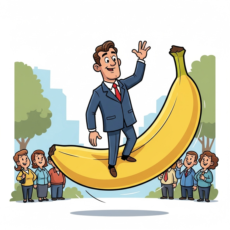 Cartoon Politician Pedro Sánchez Riding Banana - Funny Image