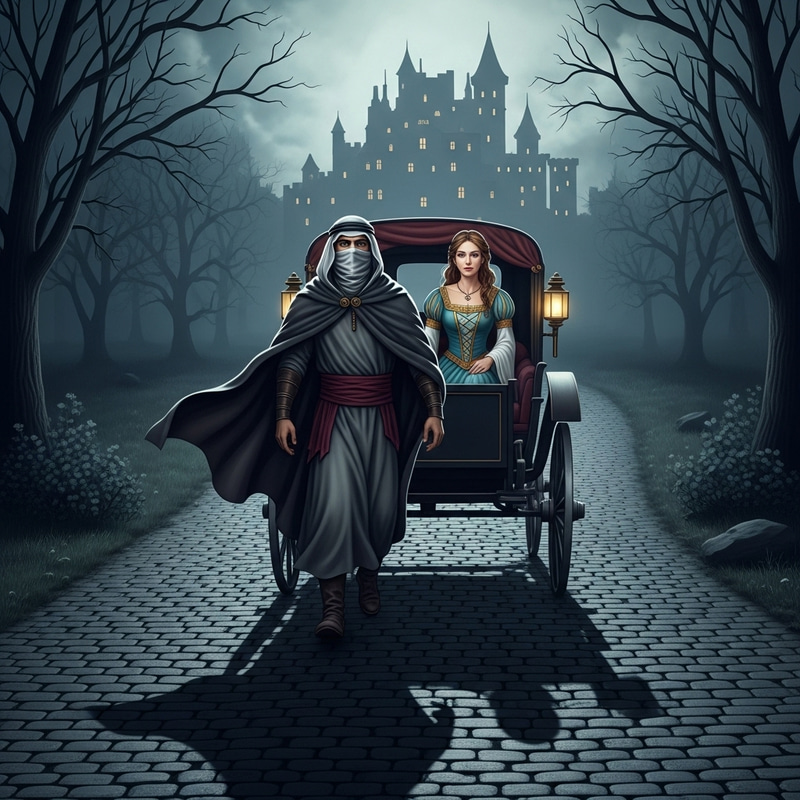 Medieval Escape: Veiled Man & Princess Fleeing Castle by Carriage Medieval Escape: Veiled Man & Princess Fleeing Castle by Carriage