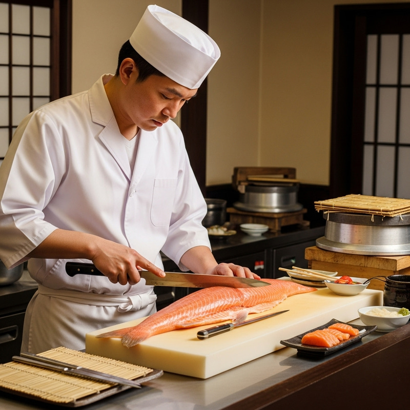 Japanese Cuisine: Skilled Chef Prepares Salmon | Sushi & Sashimi Japanese Cuisine: Skilled Chef Prepares Salmon | Sushi & Sashimi