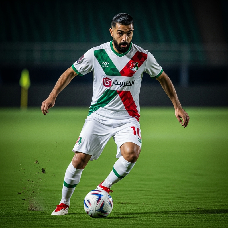 Highly Skilled Middle-Eastern Football Player in White, Green & Red Jersey