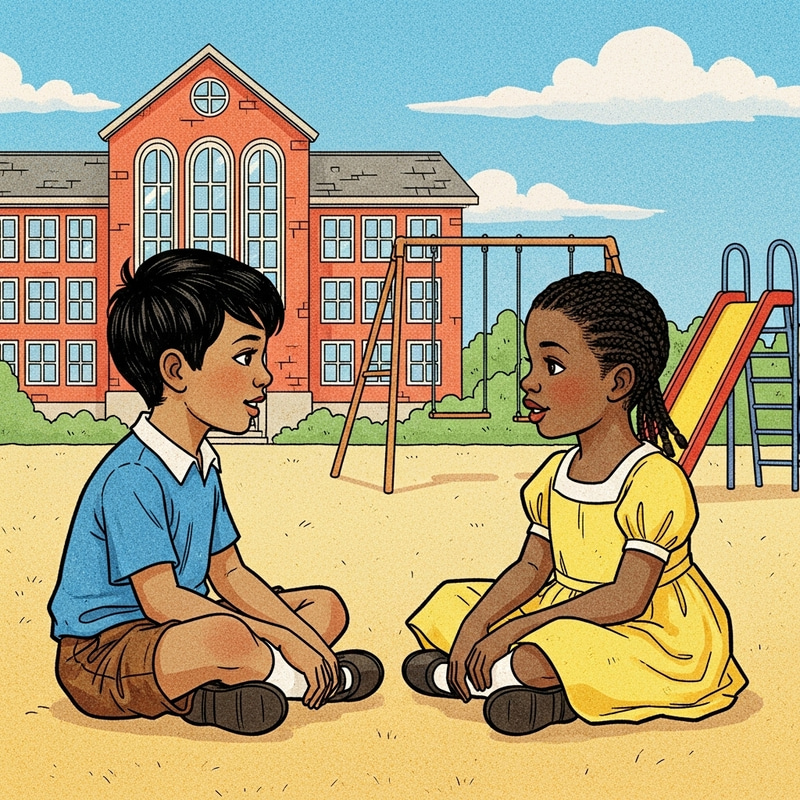 Bright Cartoon Illustration of Kids Chatting on School Playground Bright Cartoon Illustration of Kids Chatting on School Playground