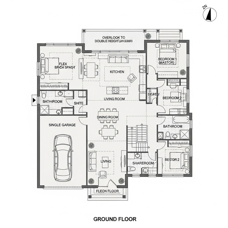 Architectural Blueprint of House with Parking, Living Room, Dining Room, Kitchen, and Bedrooms Architectural Blueprint of House with Parking, Living Room, Dining Room, Kitchen, and Bedrooms