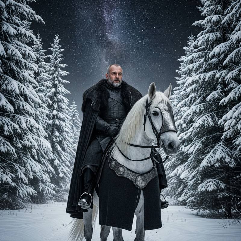 Night's Watch Leader on White Horse in Snowy Landscape Night's Watch Leader on White Horse in Snowy Landscape