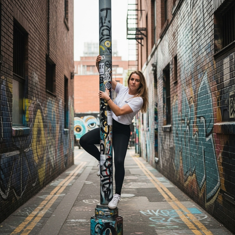 Vibrant Urban Energy: Confident Pole Climb in Graffiti Alley Vibrant Urban Energy: Confident Pole Climb in Graffiti Alley