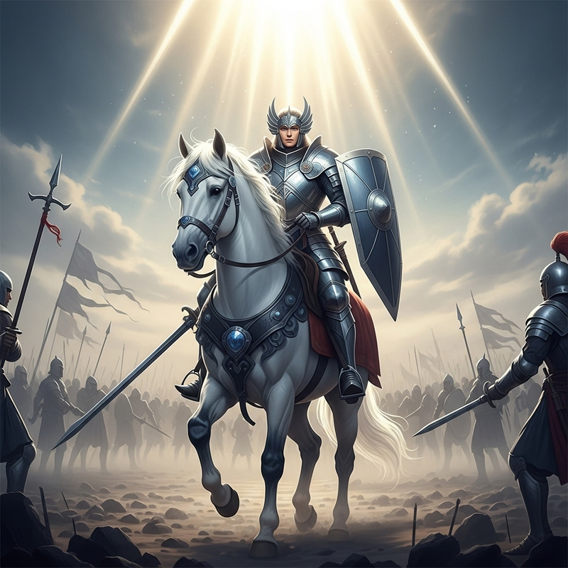 Noble Rider on Majestic White Horse | Radiant Armor & Ethereal Battlefield Noble Rider on Majestic White Horse | Radiant Armor & Ethereal Battlefield
