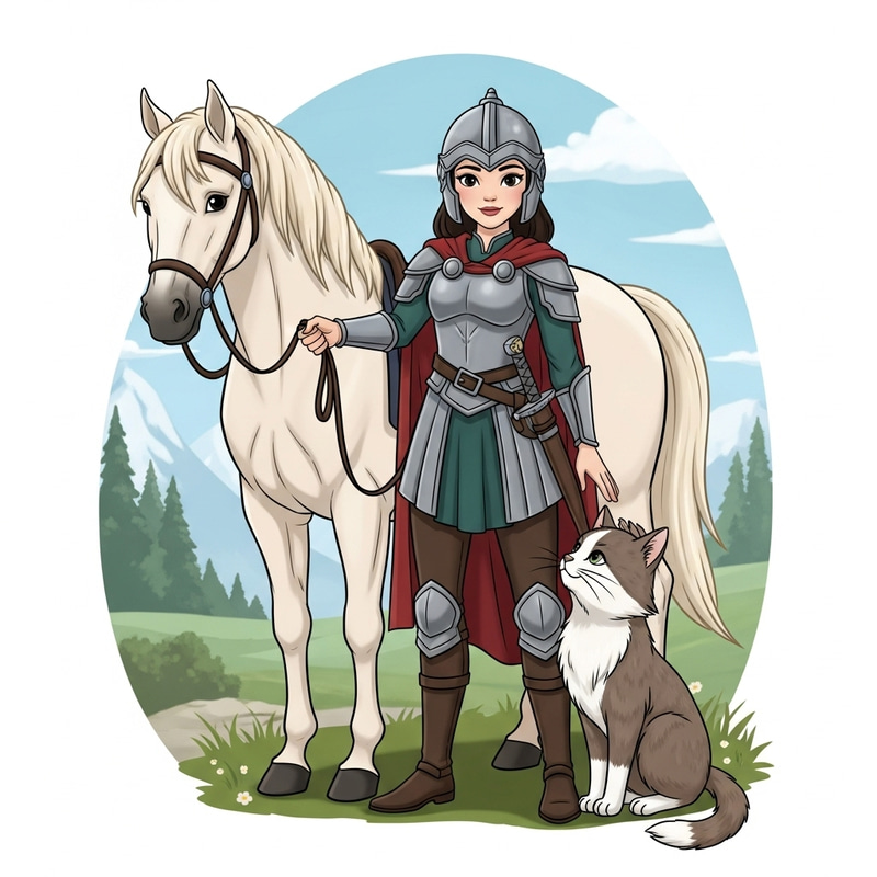 Warrior Princess: Disney-like Illustration with Majestic Horse & Fluffy Cat