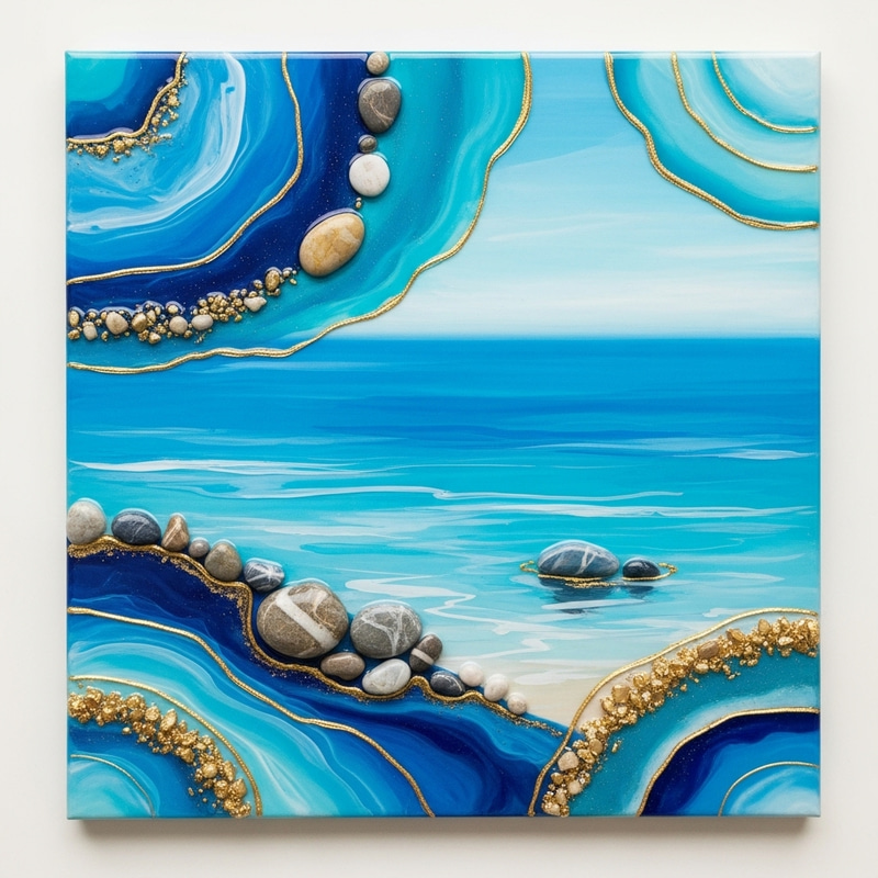 Contemporary Abstract Seascape Paintings with Resin, Gold Inserts, and Blue Turquoise Shades