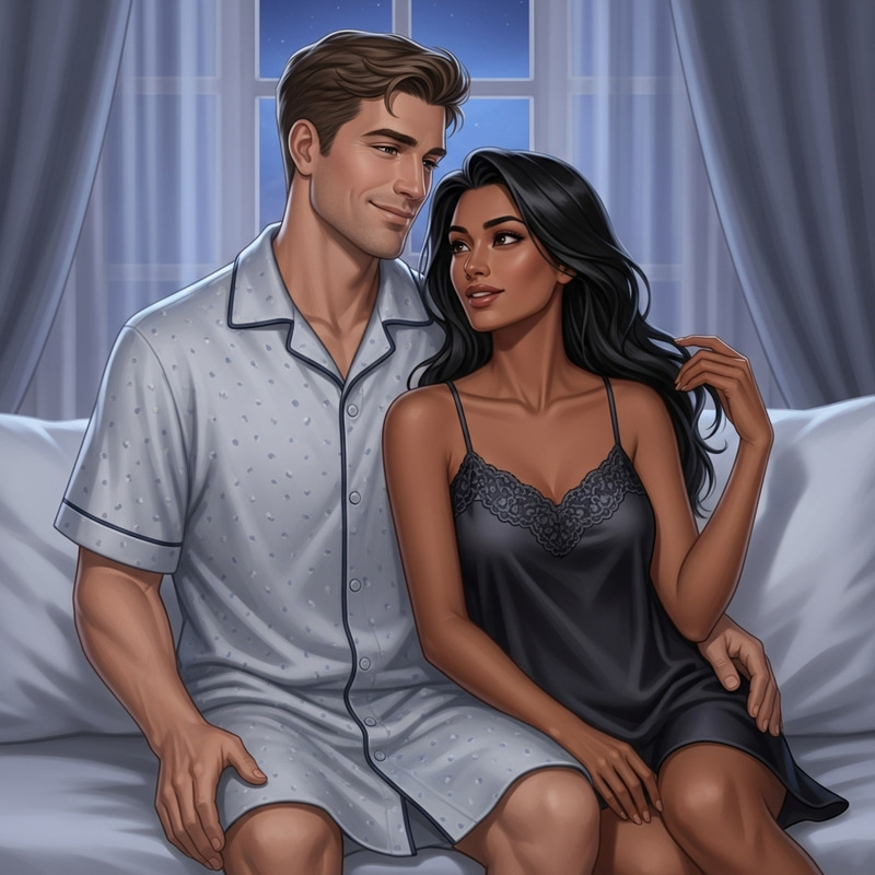Serene Night Scene with Couple in Exquisite Nightdresses