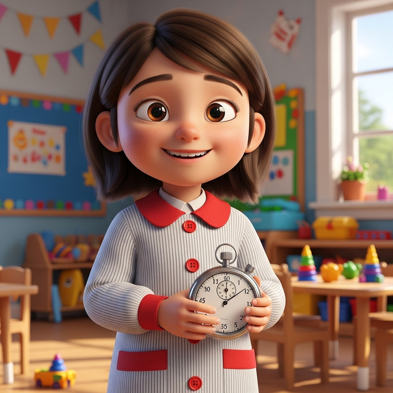 Captivating Girl Character Holding Stopwatch | Playful Kinder Classroom Setting Captivating Girl Character Holding Stopwatch | Playful Kinder Classroom Setting