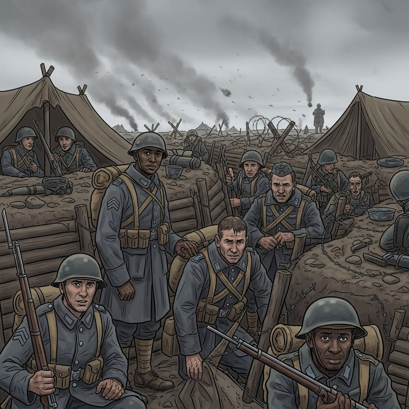 Diverse Soldiers in WW1 Trenches: A Historical Scene Diverse Soldiers in WW1 Trenches: A Historical Scene