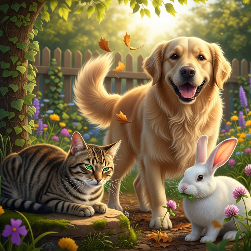 Friendly Dog, Cat, and Rabbit Interaction Scene Friendly Dog, Cat, and Rabbit Interaction Scene